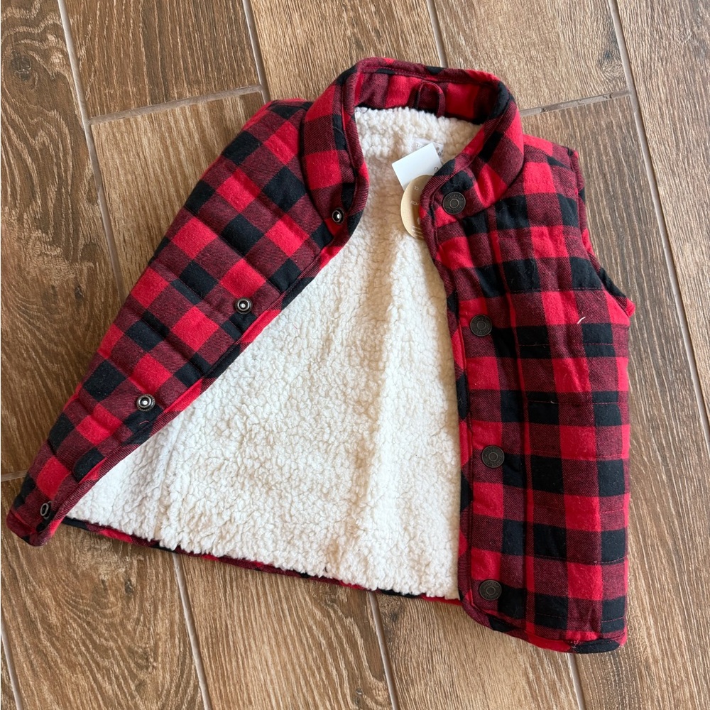 Mud Pie Red and Black Plaid Vest with Sherpa Lining
